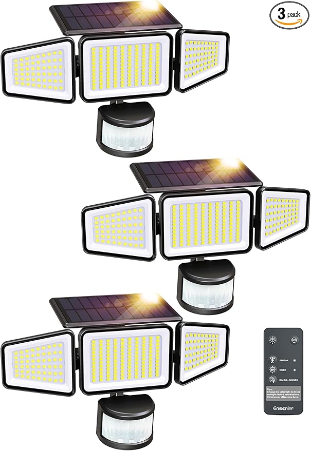 Ensenior Solar Motion Lights Outdoor, 228 LED Solar Security Lights with Remote Control, IP65 Waterproof 3 Heads Flood Light with 4 Modes, 270° Wide Angle Motion Sensor Light Outside - 3 Packs