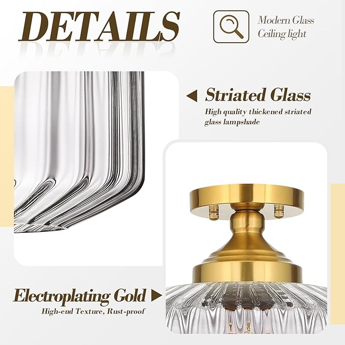 11.8in Semi Flush Mount Ceiling Light Fixture, Vintage Striated Glass Kitchen Lighting Fixtures Ceiling Mount for Entryway Hallway Bedroom Dining Room Bathroom Foyer Laundry (Clear)