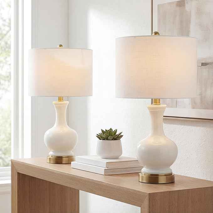 JONATHAN Y 22" White Modern Glass Table Lamp Set of 2, Brass Gold Bedside Lamp with White Linen Shade for Bedroom Living Room, LED Bulbs Included JYL4033A-SET2