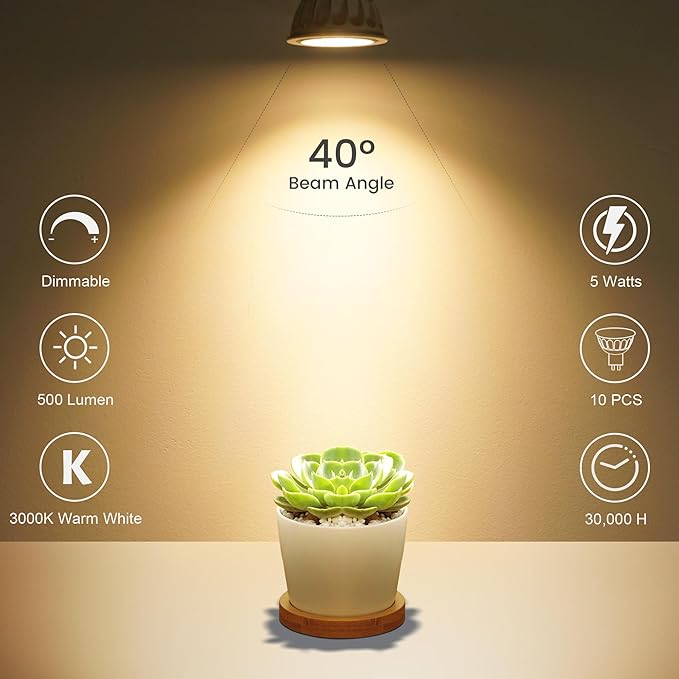 10 Pack Dimmable MR16 LED Bulbs, 12V 5W(50-Watt Equivalent), 3000K Warm White, GU5.3 Bi-Pin Base, 40-Degree, Indoor/Outdoor Landscape Spotlight Track Recessed Lighting