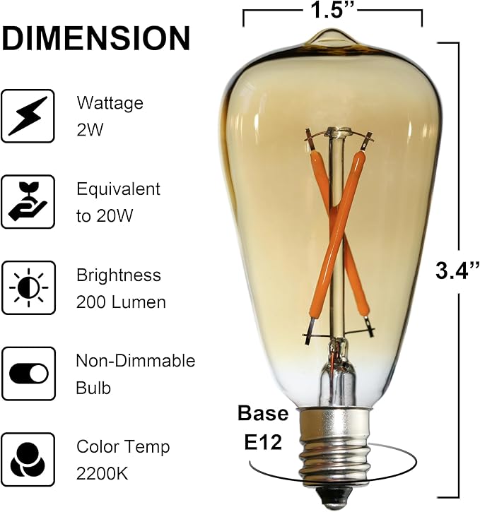 6pcs ST38 Edison Small Bulb 2W Equivalent to 10W-15W-20W E12 Base Warm Amber Glass LED Bulbs for Chandeliers Fans Candelabras Outdoor ST38 String Lights