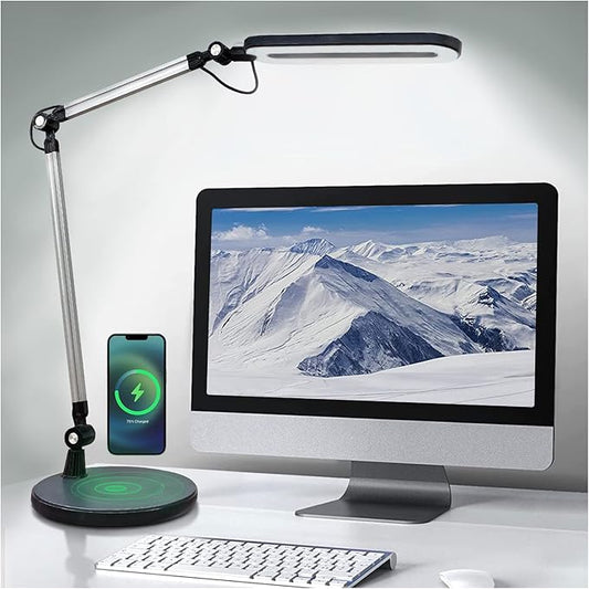 OTUS Desk Lamp for Home Office with Wireless Charger | LED Adjustable Architect Swing Arm Task Light for Computer Desk, Reading, Study & Video Calls | Dimmable Eye-Care Panel with Smart Memory - Aura Lighting
