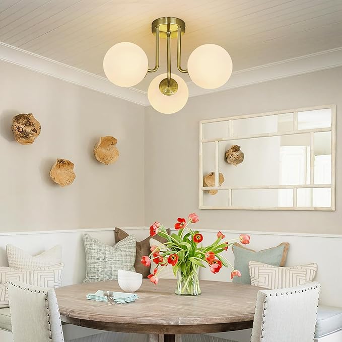 3-Light Modern Gold Ceiling Light with Globe White Glass Shade Mid Century Semi Flush Mount Ceiling Light Sputnik Chandeliers for Bedroom Living Room Dinning Room Foyer Hallway - Aura Lighting