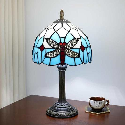 Tiffany Table Lamp Blue Dragonfly Stained Glass Bedside Lamp Antique Unique Cute Accent Nightstand Light for Home Living Room Office Dormitory Bar Decorate