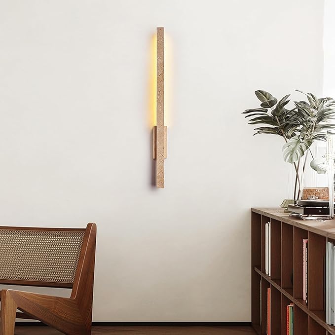 Japanese Style Stone Wall Sconce, Natural Yellow Travertine Wall Lamp, 8W LED Warm Light 3000K Wall Light, Wabi-Sabi Art Light Fixture for Living Room Bedroom Bedside Hallway(Wood)