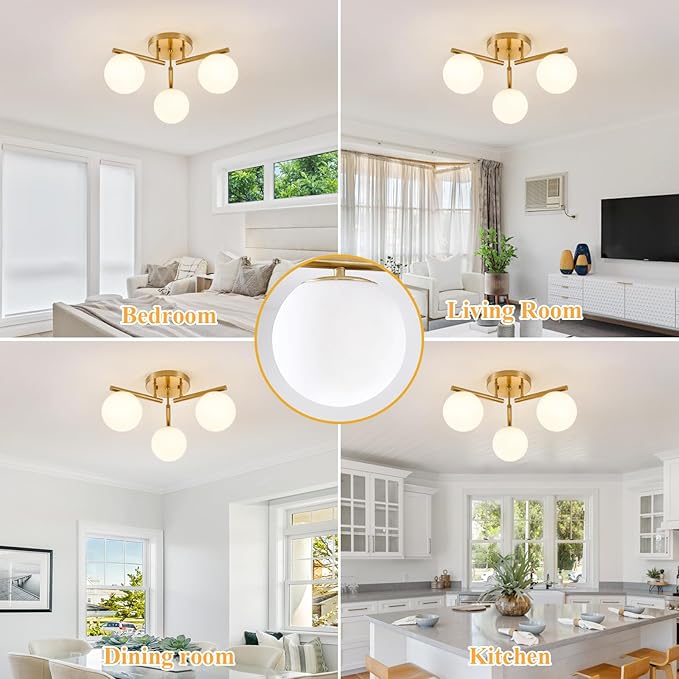 3 Light Brass Sputnik Ceiling Light Fixture, Globe Semi Flush Mount Ceiling Light, Brass Gold 21.65 '' Milky Glass Globe Mid Century Modern Light for Bedroom Hallway Living Room