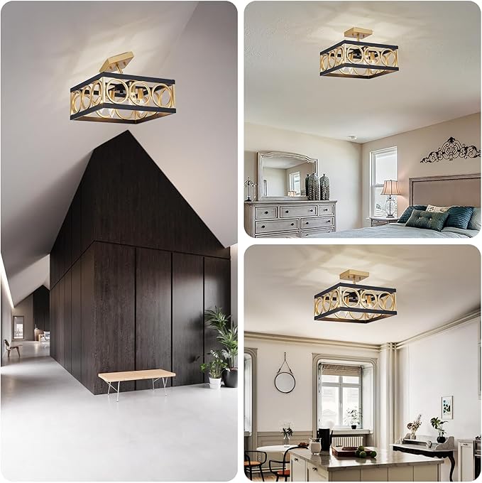 XINGQ Black and Gold Ceiling Light Fixture Modern 4-Light 13'' Semi Flush Mount Ceiling Lights for Living Dining Room Bedroom with Square Metal Shade, E12 Bulb Base - Aura Lighting