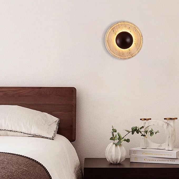 Japanese Style Wabi-Sabi Art Lighting Fixture, Yellow Travertine Wall Light with Wood Shade, Round Natural Stone LED Wall Lamp, Vintage Marble Wall Sconce for Bedroom Living Room(Walnut)