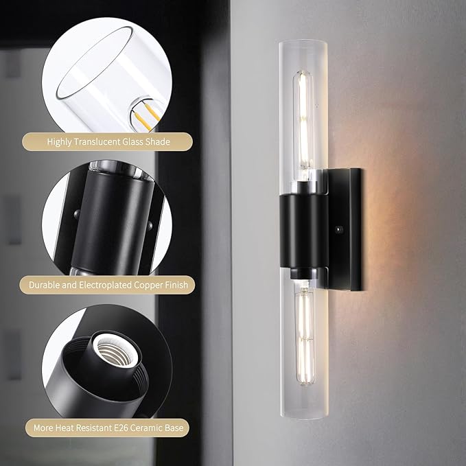 Bathroom Wall Sconces Set of Two Black , 21" Modern 2-Light Vanity Light Tube Wall Sconce, Clear Glass Indoor Hardwired Mounted Lamps for Living Room,Bedroom,Hallway-Black Clear (Bulb Not Included) - Aura Lighting
