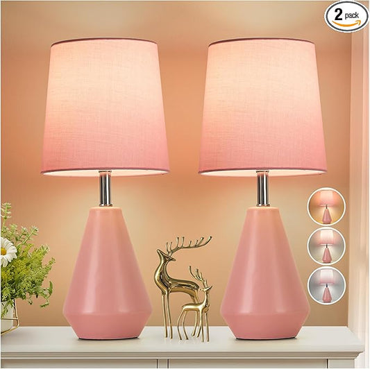 Small Bedside Table Lamp for Bedroom-Reading Desk Lamp Set of 2,with 3 Color Temperatures,15.5" Nightstand Ceramic Lamp with Fabric Shade for Kids Room,Living Room,Dorm,Home Office(Pink)