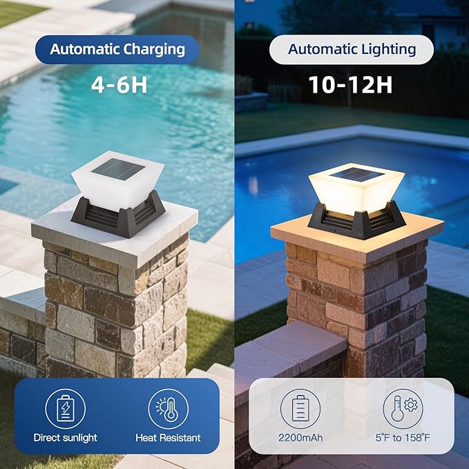 Solar Post Lights, 11" Pillar Light Outdoor, 3000K LED Solar Column Lights Outdoor IP54 Waterproof Square Column Lamp Modern Dusk to Dawn Pillar Lighting for Patio Garden Yard Deck Backyard