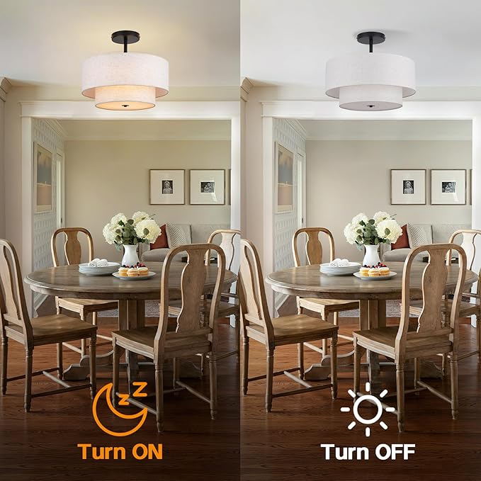 18 Inch Large Semi Flush Mount Ceiling Light Fixture with Dual Drum Design, Farmhouse Fabric Linen Shade for Bedroom, Living Room, Kitchen, and Dining - Modern Chandelier Lamp - Aura Lighting