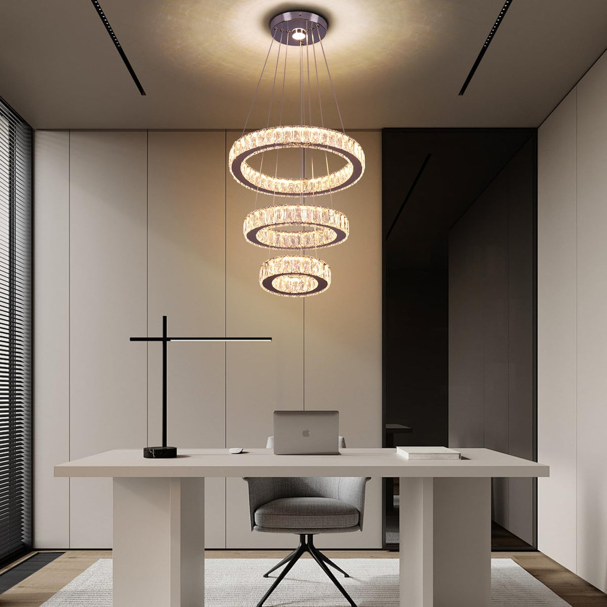 LED Chandeliers Modern 3 Rings Crystal Chandelier Ceiling Light Fixture Height Adjustable and Stainless Steel Pendant Lighting Fixtures for Dining Room Living Room Kitchen