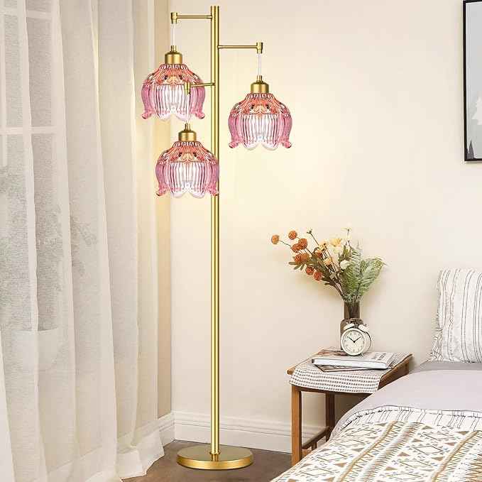 Glass Floor Lamp for Living Room,Bedroom,Gold Flower Mid Century Modern Standing Lamp Brass Tree 3 Light Tall Floor Lamps Vintage Floor Lights Pink Lamp Shade Farmhouse Boho Bohemian
