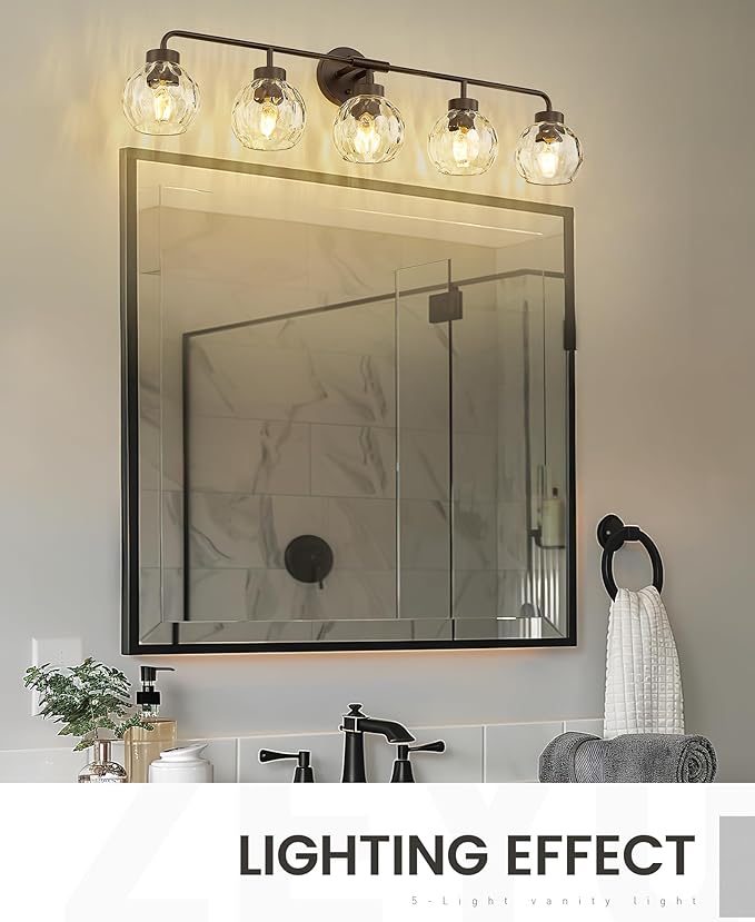 zeyu 38.5 Inch Farmhouse Bathroom Lighting Fixture, 5-Light Bathroom Vanity Light, Oil Rubbed Bronze Finish with Water Ripple Globe Glass, ZS62BG-5W ORB-WG