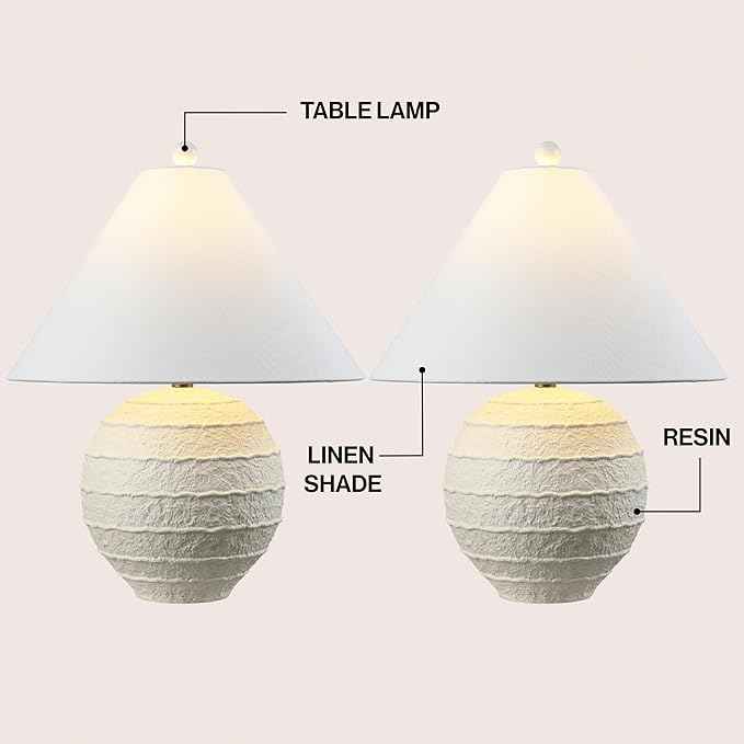 JONATHAN Y 21" Antique White Coastal Cottage Textured Resin Table Lamp Set of 2, Farmhouse Ridged Nightstand Lamps for Living Room Bedroom, White Linen Shade, LED Bulbs JYL9205A-SET2