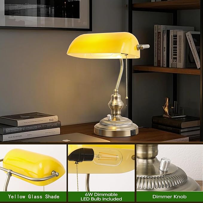 Rustic Banker's Desk Lamp Stepless Dimmable, Traditional Bankers Desk Lamp with USB Port and Outlet, Vintage Farmhouse Table Lamp for Home Office Library