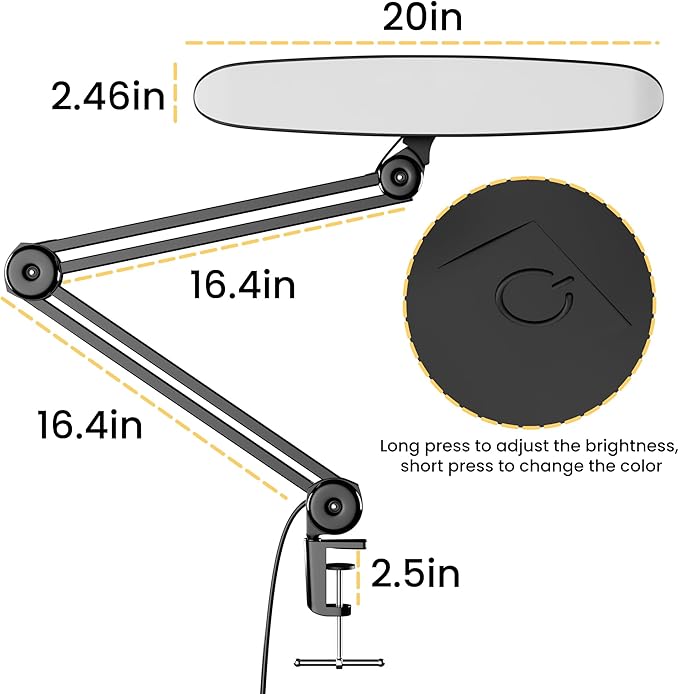 3000 Lumens Adjustable LED Desk Lamp & Task Lamp - Bright, Dimmable Lighting for Office, Crafts, Nails &Salon Hobbies with Clamp (CCT, Black) - Aura Lighting