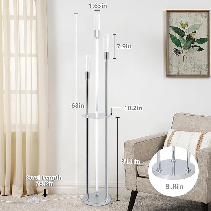 Bubble Crystal Floor Lamp with Shelves, 3 Lights Modern Standing Lamps for Living Room, Built-in LED Lights, Foot Switch, Industrial Tall Corner Floor Lamp for Bedroom Home Office, Silver