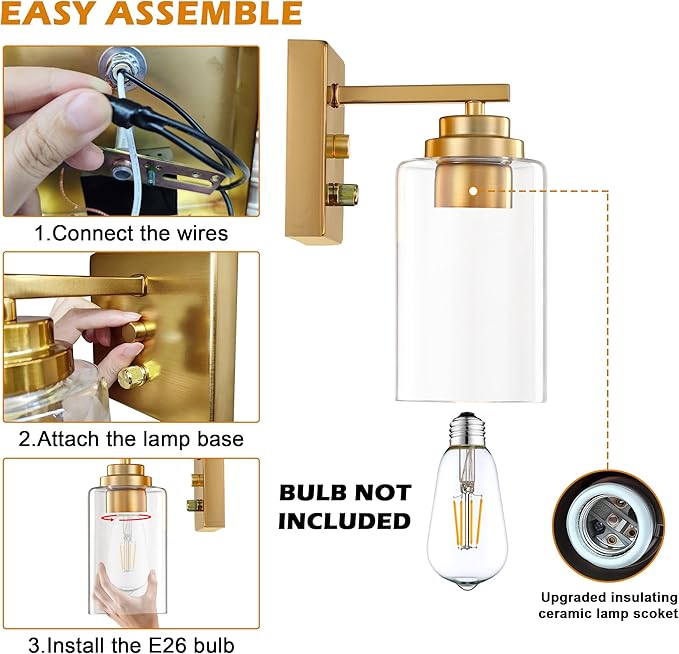 Pia Ricco Wall Sconces Set of 2, Bedside Wall Lamps with Rotary Switch for Bedroom, Modern Bathroom Light Fixtures with Clear Glass Shade, Gold Sconces Wall Lights for Living Room, Hallway, Kitchen - Aura Lighting