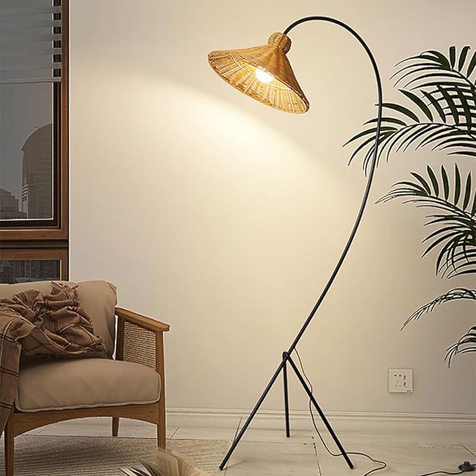 Wabi-Sabi Style Rattan Floor Lamp H72.83in E26 3-Color Dimming Living Room Corridor Standing Lamp Bedroom Study Torchiere Villa Club Decorative Lighting Fixture