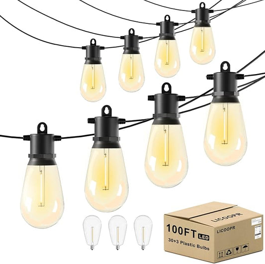 100 FT Outdoor String Lights IP65 Waterproof Patio Lights with 30 + 3 Shatterproof LED Bulbs Commercial Grade LED String Lights Connectable Hanging Decorative Lights for Outdoor Terrace Yard