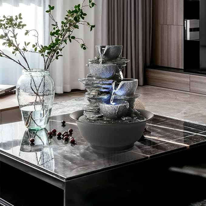 WICHEMI Tabletop Fountain Warer Fountains Indoor Waterfall Fountain Indoor Relaxing Water Feature Meditation Fountains with LED Light for Home Office Bedroom Decor (Style 15)