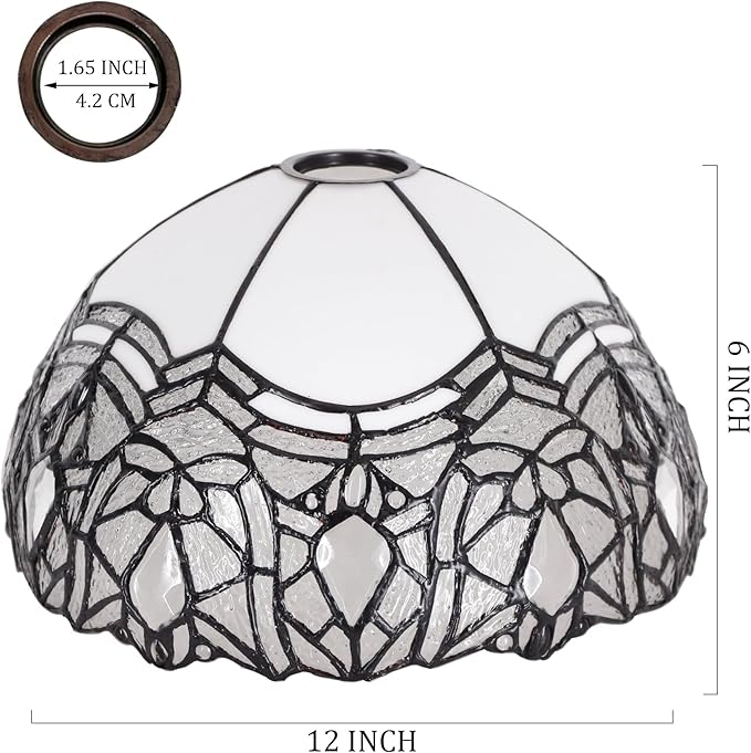 Tiffany Lamp Shade Replacement 12X6 Inch Stained Glass Lampshade Only 1-5/8-Inch Fitter Opening for Arched Floor Lamp, Torchiere Lamp, Pendant Light (White)