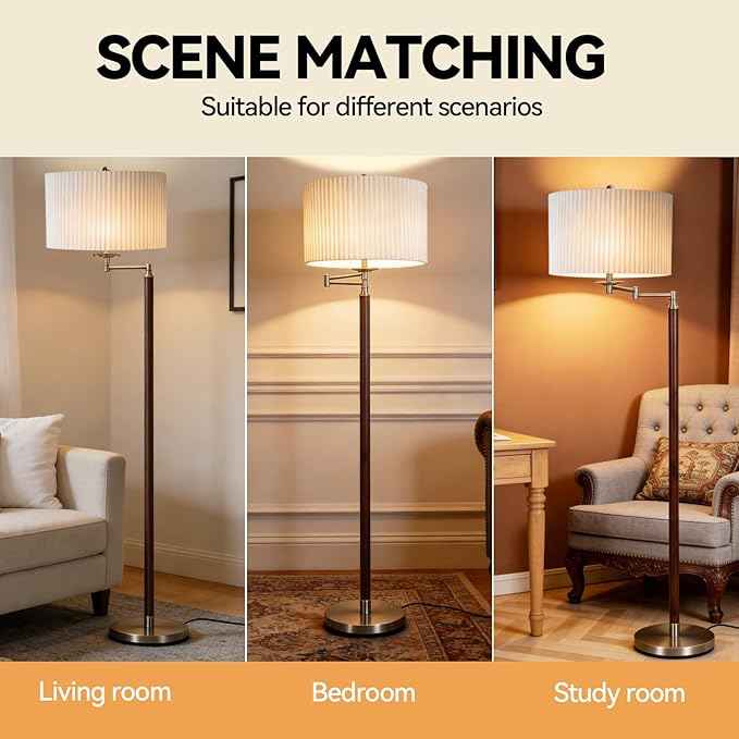 Traditional 350° Adjustable Swing Arm Farmhouse Floor Lamp for Bedroom, Modern Floor Lamps with Pleated Shade for Living Room, Rustic Standing Lamp Pole Lamps for Reading and Office
