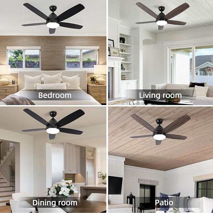 Smart Ceiling Fan with Light, 52 Inch Modern Black Outdoor Ceiling Fan and Remote/App, Dimmable Tri-Color LED and Reversible Motor for Indoor Bedroom/Outdoor Covered Patio - Aura Lighting