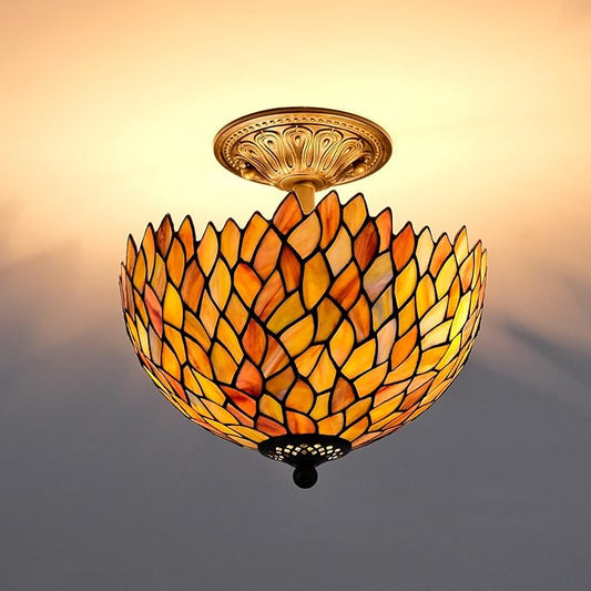 Wisteria Style Tiffany Ceiling Light Fixture Stained Glass Semi Flush Mount Lamp Wide 12 Inch Height 11 Inch Vintage Inspired Lighting Statement for Bedroom Hallway Entryway (Green)