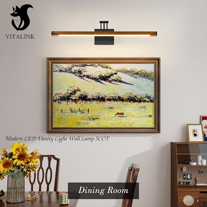 VitaLink LED Picture Light, 27.5" Hardwired Wooden Dimmable Wall Light with Adjustable Swing Arm Wall Pictures Artworks Paintings Display Lighting Bathroom Wall Lamp Vanity Light 5CCT