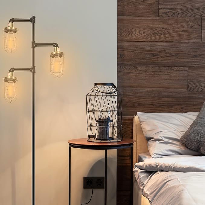 CONCA Steampunk Three Head Industrial Floor lamp with Rustic Edison Bulb and Cage Shade (Black + Green Bronze)