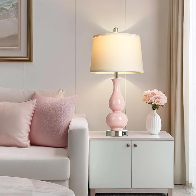 27" Pink Double Gourd Ceramic Lamps for Bedroom, Modern Ceramic Living Room Lamp with USB A+C Ports, Cute Bedside Table Lamps Set of 2, Tall Lamp for Night Stand Side End Table Home Decor