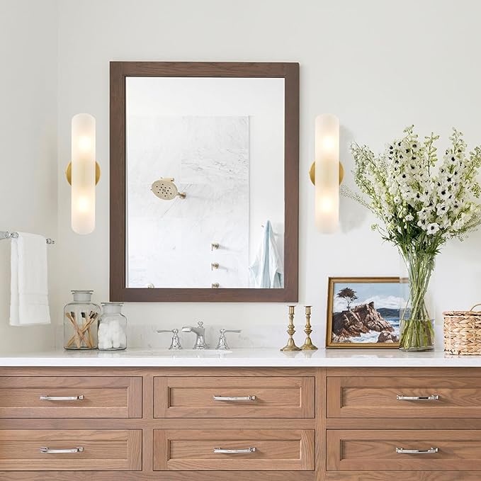 DAYCENT Modern Brass Wall Sconces Set of Two Frosted Glass Wall Light Fixture 2-Light Cylinder Bathroom Vanity Lights Gold Glass Sconces Wall Lighting for Hallway Bedroom Staircase - Aura Lighting