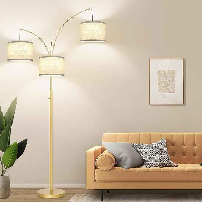Dimmable Gold Floor Lamp, 3 Lights Arc Floor Lamps for Living Room, Modern Tall Standing Tree Lamp with White Shade & Heavy Base, Large Floor Lamp for Bedroom Office, 3x1000 LM LED Bulbs Included