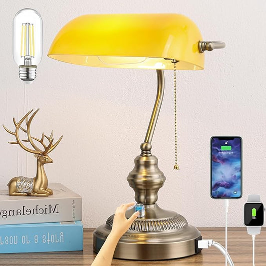 Rustic Banker's Desk Lamp Stepless Dimmable, Traditional Bankers Desk Lamp with USB Port and Outlet, Vintage Farmhouse Table Lamp for Home Office Library