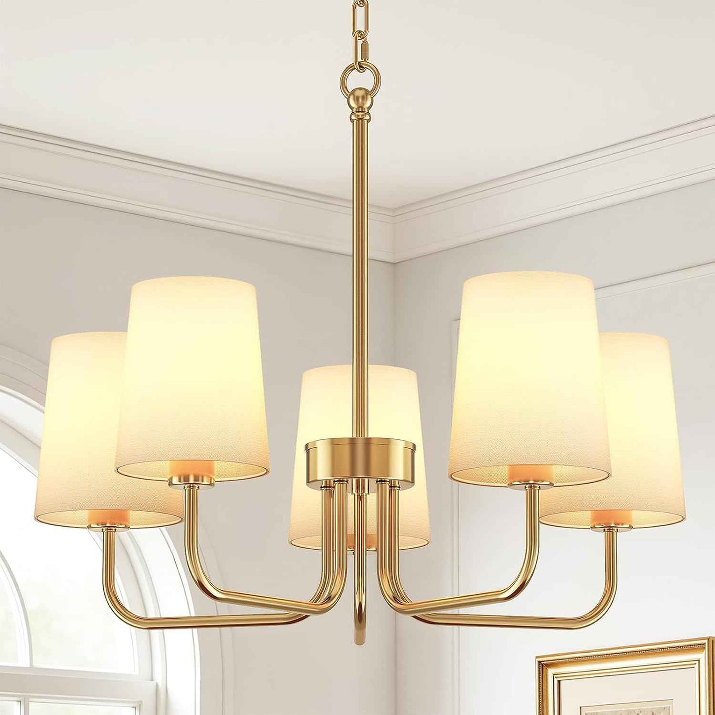 Chandeliers for Dining Room, 5-Light Gold Chandelier Light Fixture, E26 Base-Dining Room Light Fixtures Over Table with White Shade, Farmhouse Chandelier for Bedroom Living Room Foyer Entryway