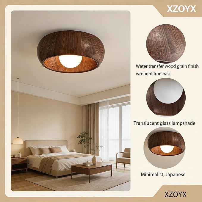 Modern Wood Grain Flush Mount Ceiling Light, Round Wabi-Sabi Style Ceiling Lamp, Minimalist Metal and Glass Fixture for Hallway, Entryway, Balcony, Japanese Decor Light(Light Wood)