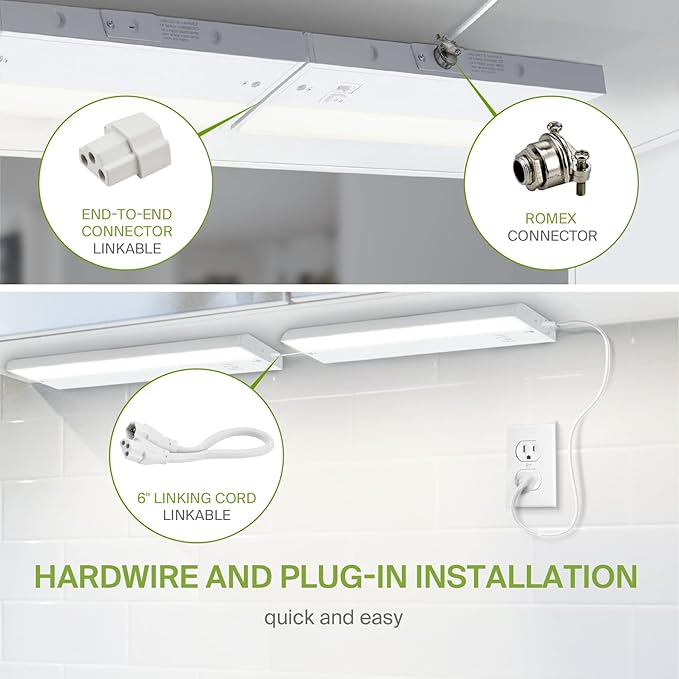 ASD 9 Inch LED Under Cabinet Lighting Plug in or Hardwired, High/Low/Off Switch, 3W 120V 3 CCT 2700K/3000K/4000K CRI90+, Triac Dimmable Linkable Under Counter Lights for Kitchen, ETL Listed, White