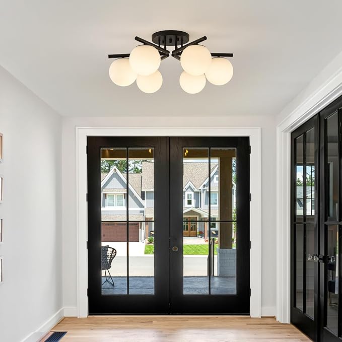 Sputnik Semi Flush Mount Ceiling Light, 6 Globe Lights Sputnik Ceiling Light Fixture, Milk Glass Globe Chandelier for Dining Room, Black Mid Century Modern Chandelier for Living Room, Hallway