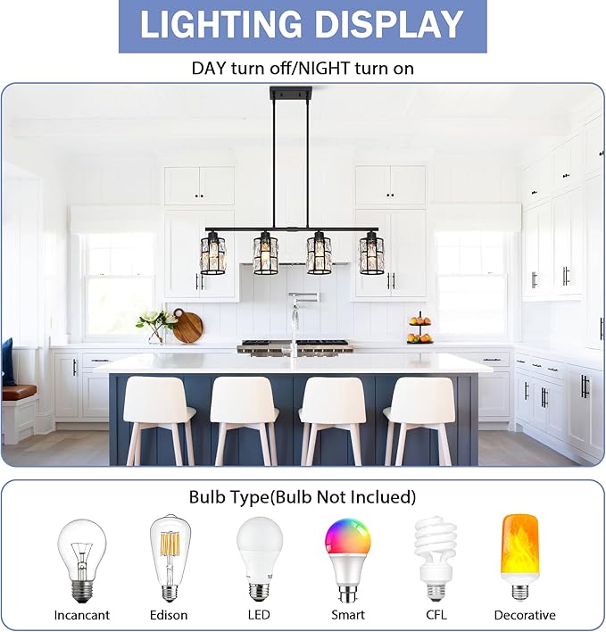 MEXO Crystal Pendant Light Fixture for Kitchen Island Dining Room, Farmhouse Chandelier Matte Black Close to Ceiling Lightings Over Table