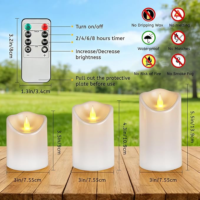 Pure White Flameless Candles, Patented 3D Dual-LED, Set of 6 Slanted Plastic Pillars with 2 Remotes, Waterproof Non-Melting Battery Operated Decor for Patio Lanterns, White