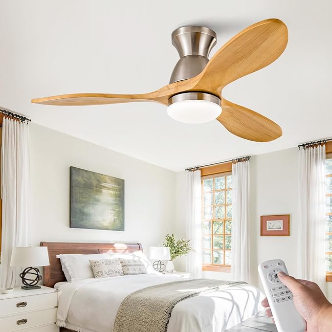 42 Inch Flush Mount Ceiling Fans with Lights and Remote, Dimmable 3 Blade Wood Bedroom Ceiling Fan with Lights Low Profile Ceiling Fan with Light Brushed Nickel Outdoor Ceiling Fans for Patios