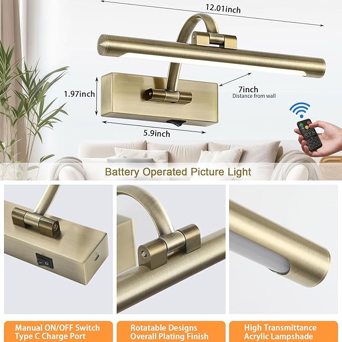 Wireless Picture Lights for Wall,12 Inch Battery Operated Picture Light,3CCT Dimmable Lights for Pictures on Wall with Timer and Remote for Display Photo Frame (Antique Bronze, 12inch)