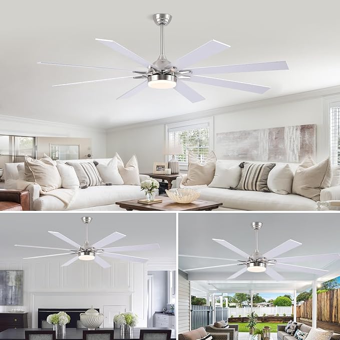 72 Inch Large Ceiling Fans with Lights and Remote, Indoor/Outdoor Nickel Modern Industrial Ceiling Fan with light for Living Room Patios Porch, Reversible Quiet Motor, 8 Dual Finish Blades
