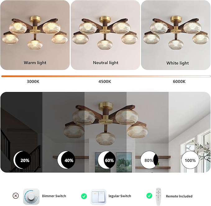 Modern Walnut Wood LED Ceiling Light Fixture,Glass Shade 5 Light Semi Flush Mount Wooden Ceiling Light,Farmhouse Walnut Solid Wood Brass Chandelier for Living Room,Bedroom,dinging Room
