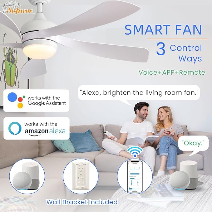 Sofucor 52" Smart Ceiling Fan, Indoor/Outdoor White Ceiling Fans with Lights and Remote, Works with Alexa/Google/App, 3-Color Light 6-Speed Timing Reversible DC Motor for Bedroom Living Room Patio