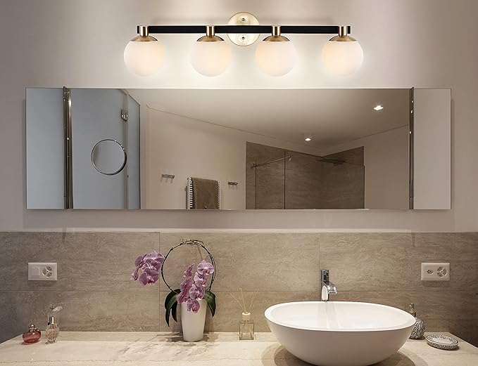 JONATHAN Y 5.75" Brass Gold/Black Modern Globe LED Vanity Wall Sconce Light, White Frosted Glass Shade, Mid-Century Art Deco Wall Lamp for Bathroom, Kitchen, Hallway (JYL3543A)