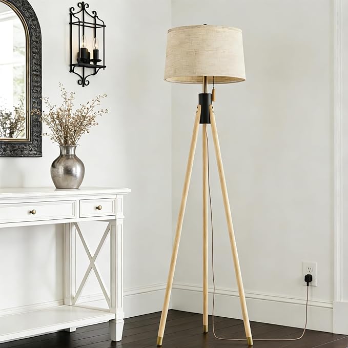 Mid Century Modern Tripod Floor Lamp, Gold Accented Two-Tone Solid Wood Floor Lamp with Black-Finished Solid Wood Center, Linen Shade & Pull Chain, Tall Lamp for Living Room Bedroom Reading Corner